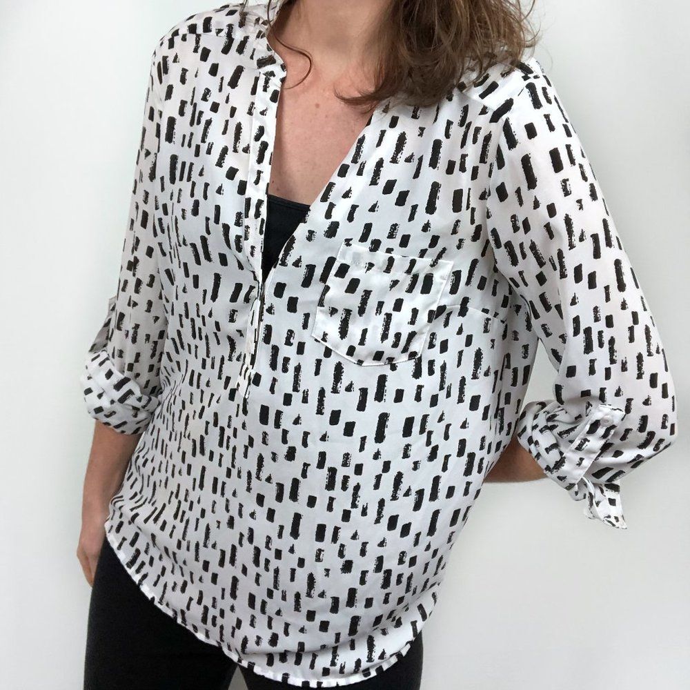 Forever 21 White Black Print Roll Tab Sleeve Top